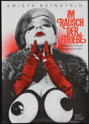 a poster of a woman with red lips and red gloves