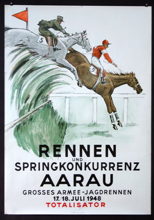 a poster with a horse and jockey jumping a wave