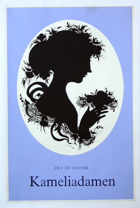a poster with a silhouette of a woman holding a bouquet