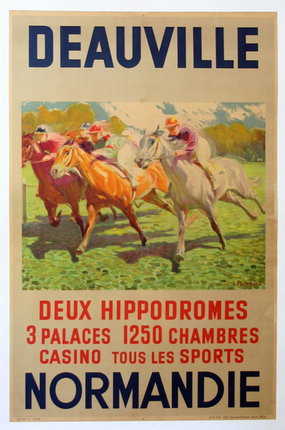 a poster with horses and jockeys running