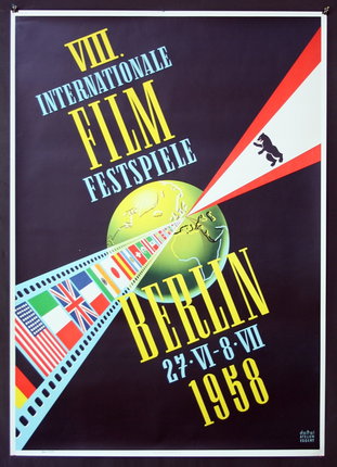 a poster with a globe and flags