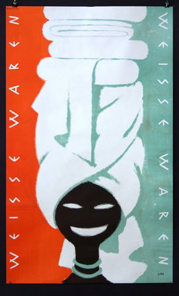 a poster with a black face and white towel