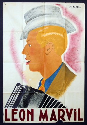 a poster of a man with a hat and accordion