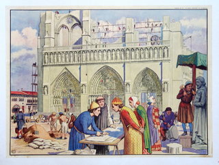 a painting of people in front of a building