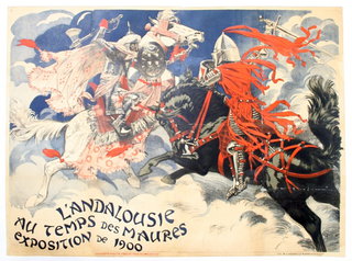 a poster with a group of people riding a horse