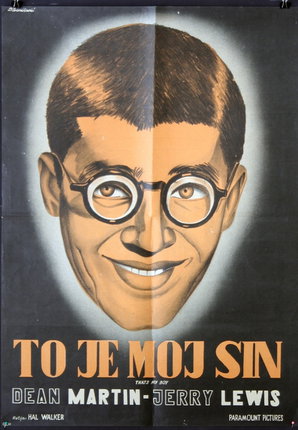 a poster of a man wearing glasses