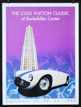 a poster of a car and a building