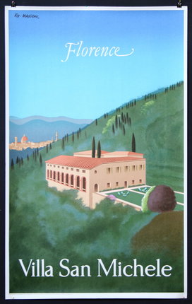 a poster of a building in a hill