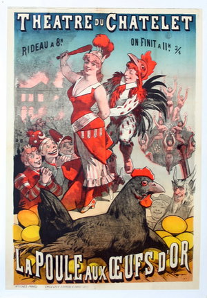 a poster with a woman dancing with a chicken