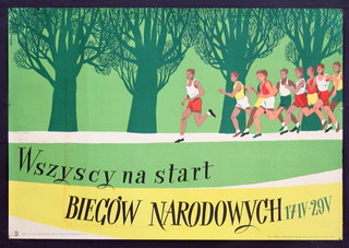 a poster with people running