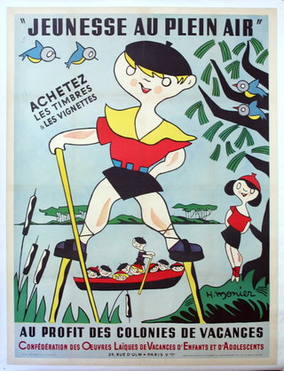 a poster of a boy on stilts
