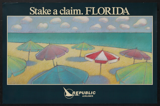 a poster with umbrellas on the beach