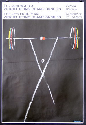 a poster with a barbell and a cross