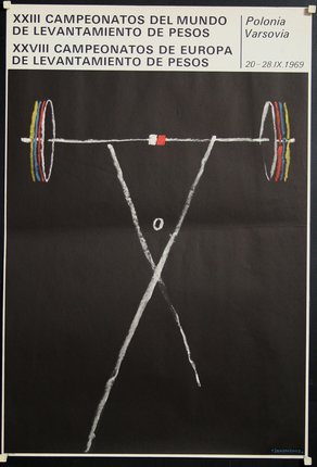 a poster with a barbell and a cross