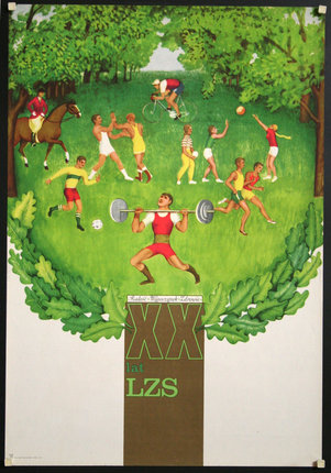 a poster of a man lifting a barbell and other people doing sports