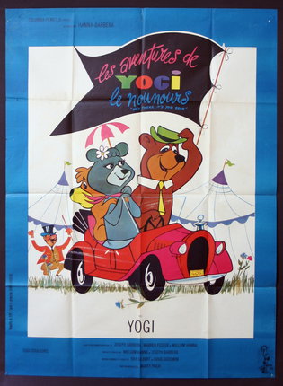 a poster of a cartoon bear and a bear on a car