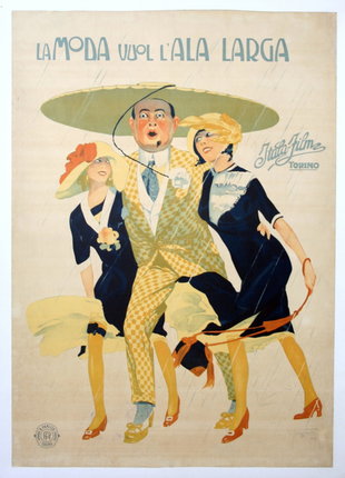a poster of a man in a suit and two women in a hat