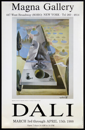 a poster of a surreal painting with a statue's face in a triangle with a globe, and trees