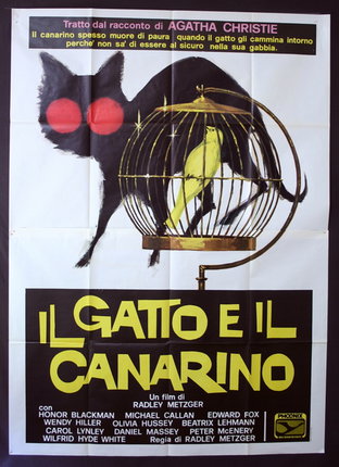 a poster of a cat and a bird in a cage