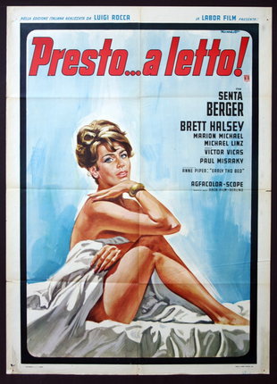 a poster of a woman sitting on a bed