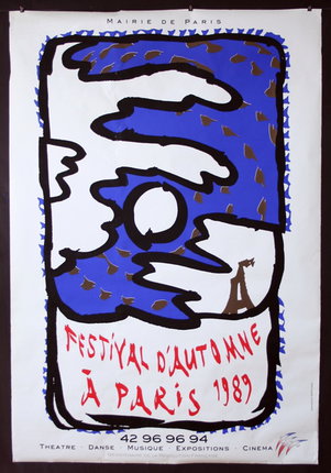 a poster with a blue and white design