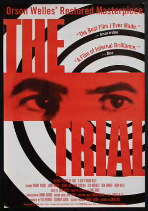 a movie poster with eyes peering in a red rectangle and a vortex of concentric circles in the background