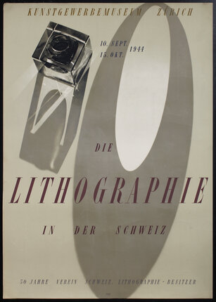 a poster with a square glass bottle of ink casting a long shadow and text