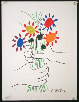 a drawing of hands holding flowers