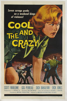 a movie poster with an illustration of a woman crouched while some men are fighting each other