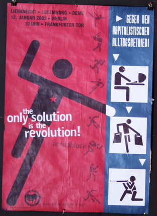 a red and blue poster with black and white pictograms