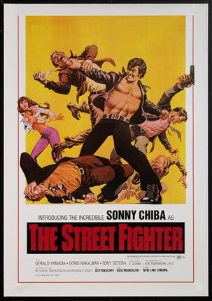 movie poster with an illustration of a man in a leather jacket fighting off four other men trying to kill him as an alarmed woman looks on
