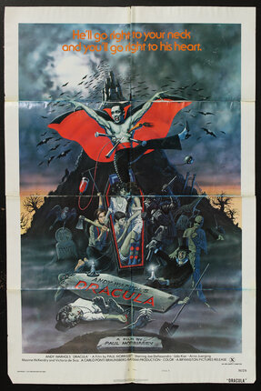 movie poster of a vampire impaled with various objects leaping out of a coffin filled with people having sex