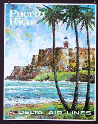 a poster of a beach with palm trees