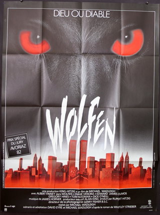 a poster of a wolf with red eyes and a city in the background