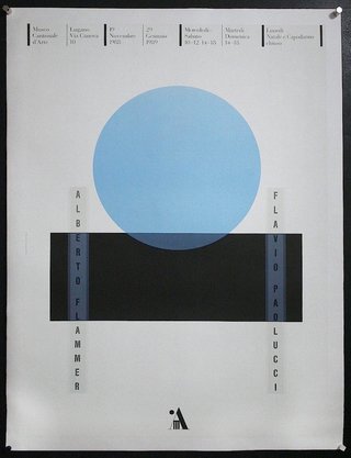 a poster with a blue circle and black rectangles
