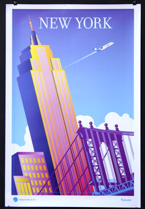 a poster of a skyscraper and a bridge