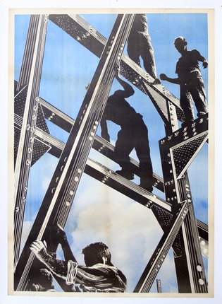 a poster of men working on a metal structure