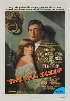 illustrated movie poster with Robert Mitchum as a detective holding a woman and a gun