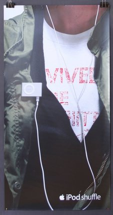 a poster of a man wearing a jacket and earphones