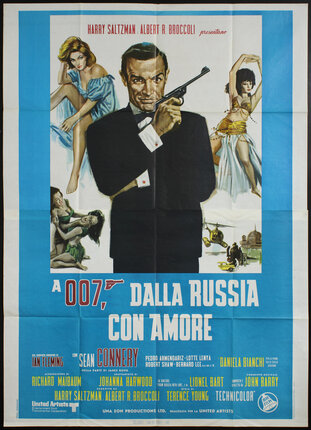 movie poster with a tuxedoed man holding a gun and scantily clad women behind him