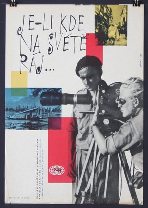 a poster with a man and woman looking through a camera