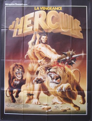 a movie poster of a man fighting lions