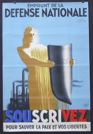 a poster of a man holding a large metal object