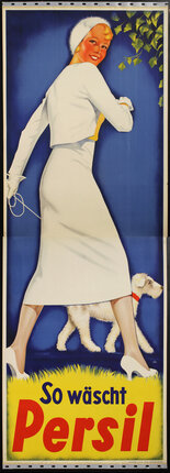 a poster of a woman walking a dog