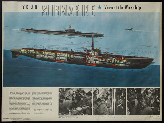 a poster of an illustrated submarine cutaway and below that, three photographs of submariners at their posts.