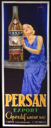 a woman in a blue dress holding a bottle of alcohol
