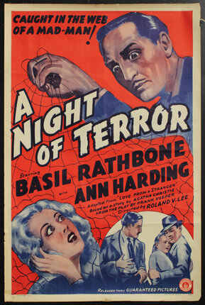 a movie poster with illustration of a man holding a web over a scared woman
