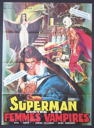 a movie poster with a man in a mask and a woman in a white dress