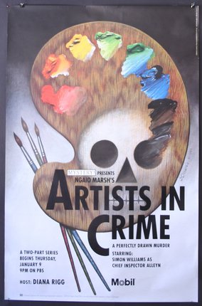 a poster with a palette of paint and brushes