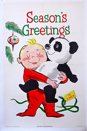 a poster with a child hugging a panda